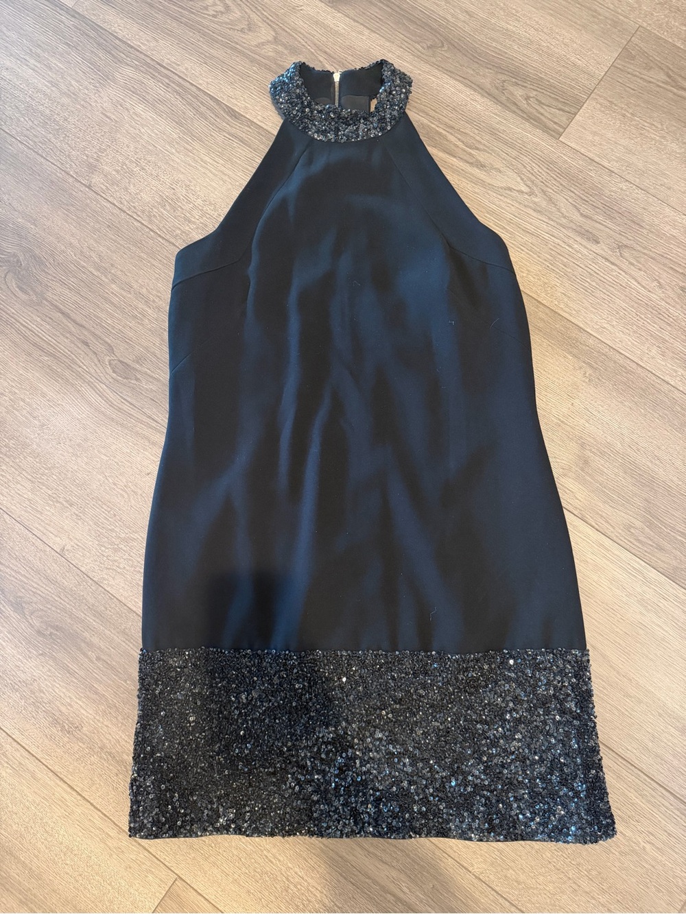 Theia Black Beaded Halter Mini Dress